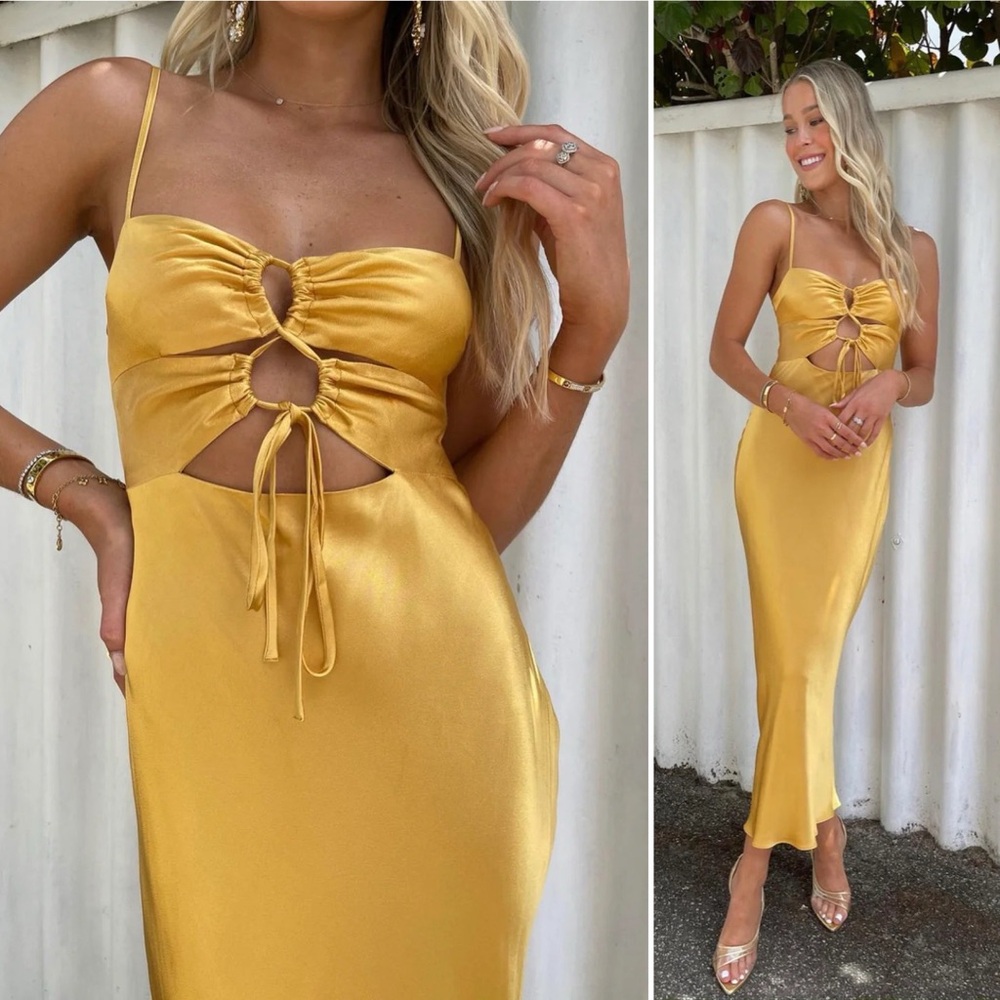Shona Joy Alma Lace Up Midi Dress Gold Bias Cut Slip Size Small - Picture 11 of 15
